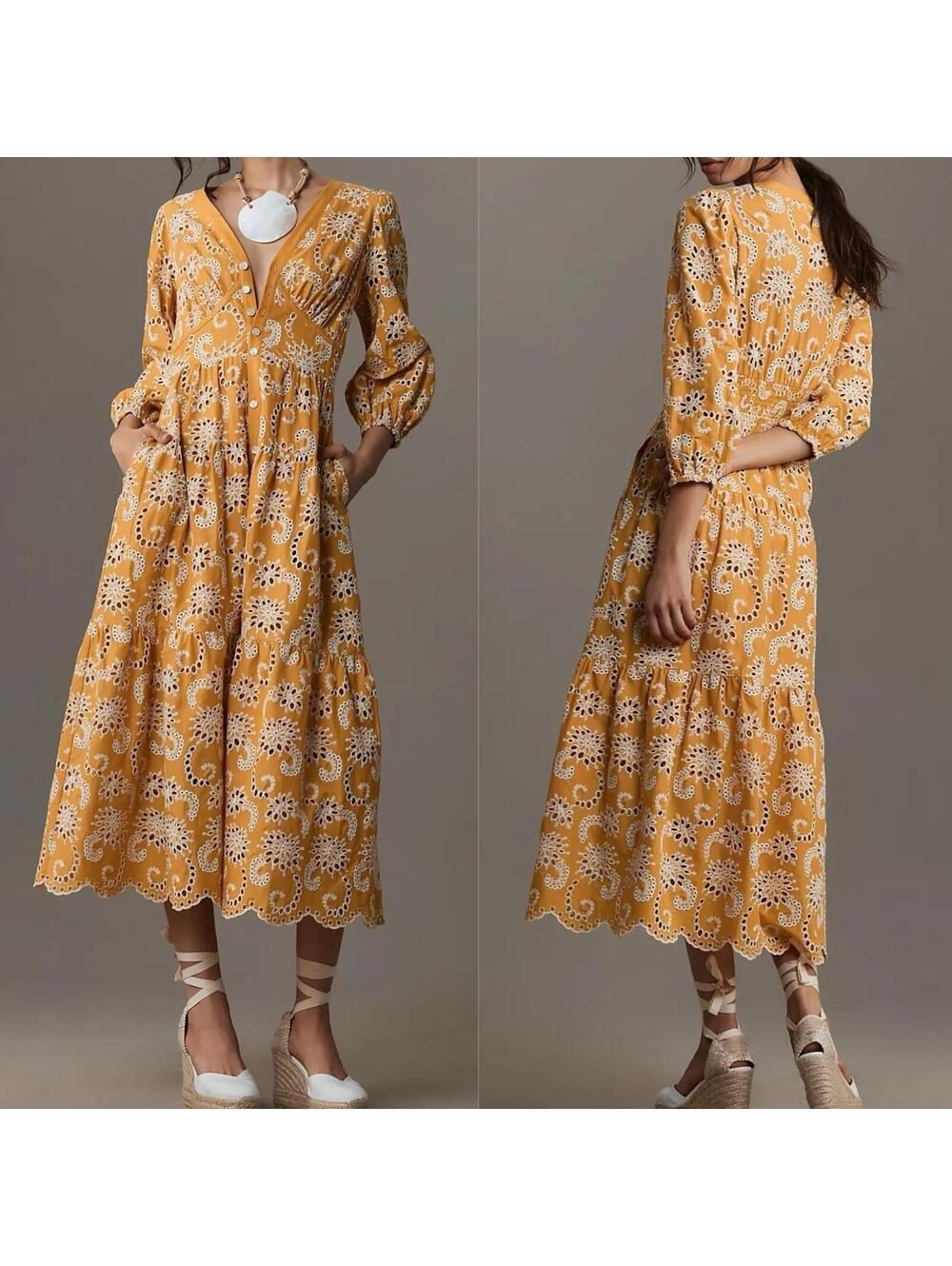 (FLAW) Shoshanna Sicily Eyelet Embroidered Midi Dress Scallop Hem - SZ 4